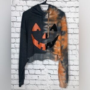 Halloween Women’s Medium Cropped Hoodie Tie Dye Orang/Grey- NWT